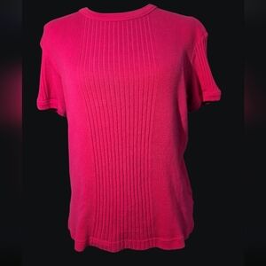 Vintage 100% Cotton Fuchsia Hot Pink Ribbed Knit Short Sleeve Sweater-Sz PetiteL
